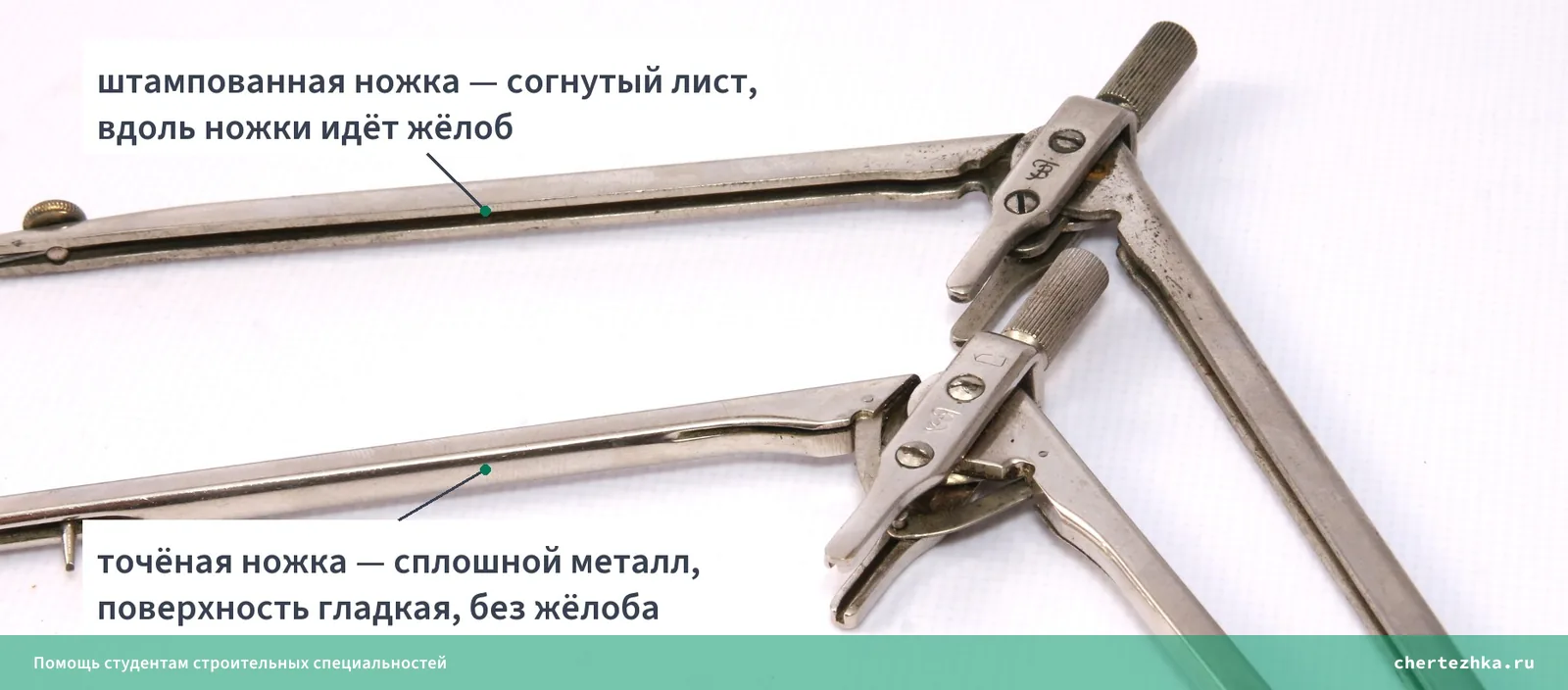 Два советских циркуля рядом — штампованная ножка с жёлобом вверху и точёная из сплошного металла внизу